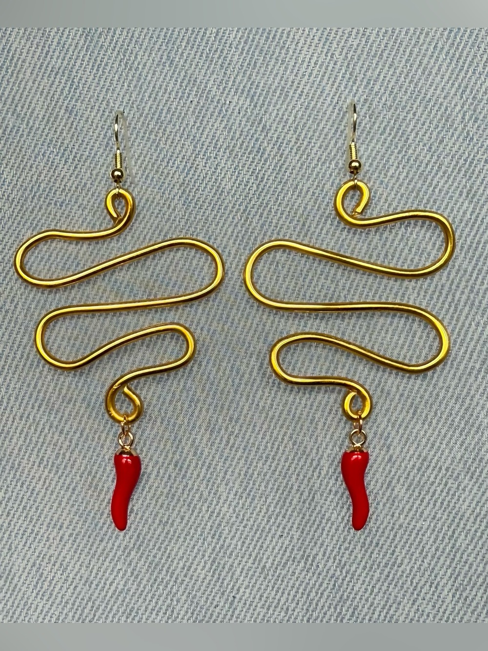 Handmade Gold Wire Swirl Earrings with Red Chili Pepper Charm - Women Jewelry